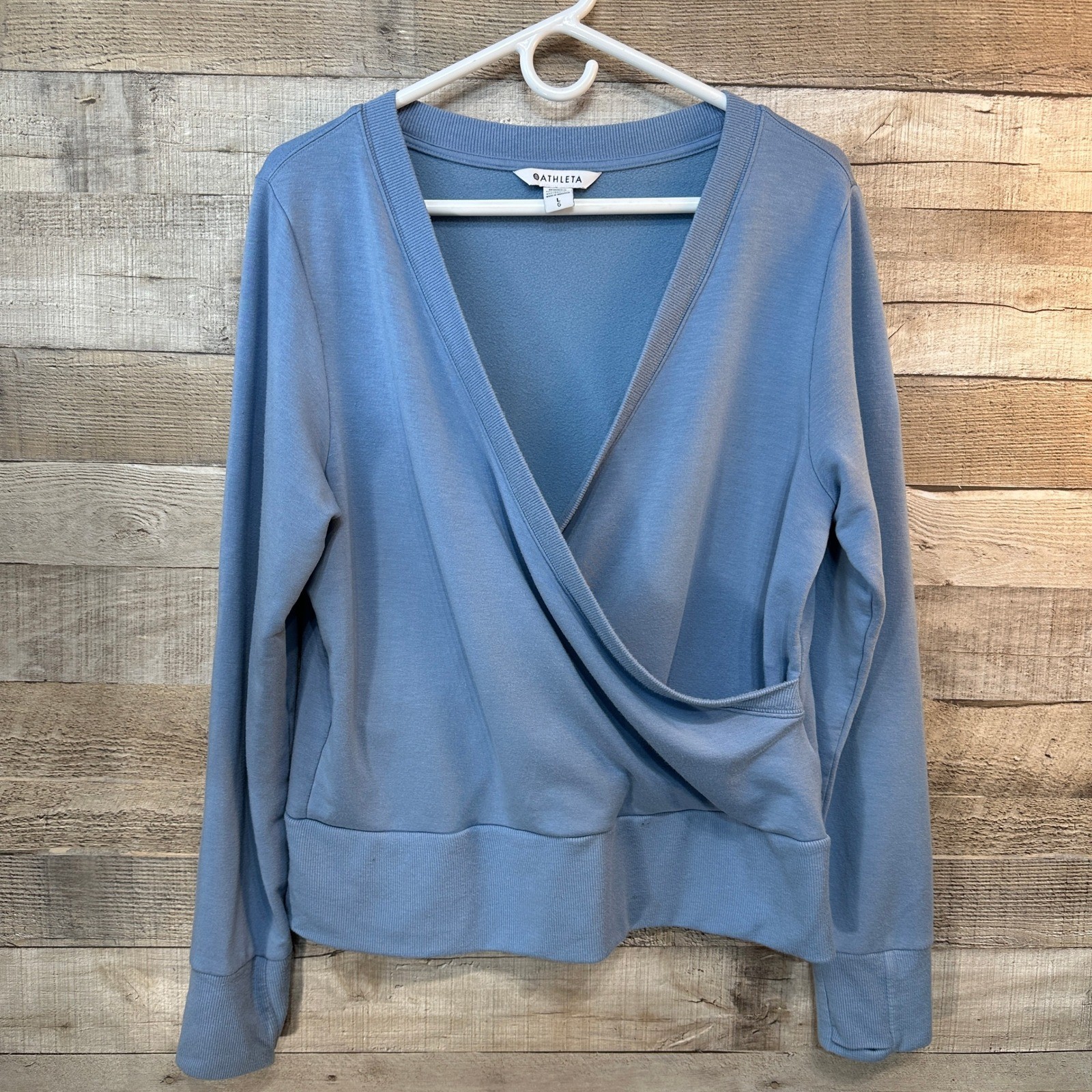 Athleta Blue Faux Wrap Deep V Neckline Athletic Top Pullover Sweatshirt Size L