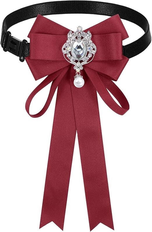 Womens Bow Tie Rhinestone Pearl Ribbon Bow Pre Tied Adjustable Neck Tie Detac…