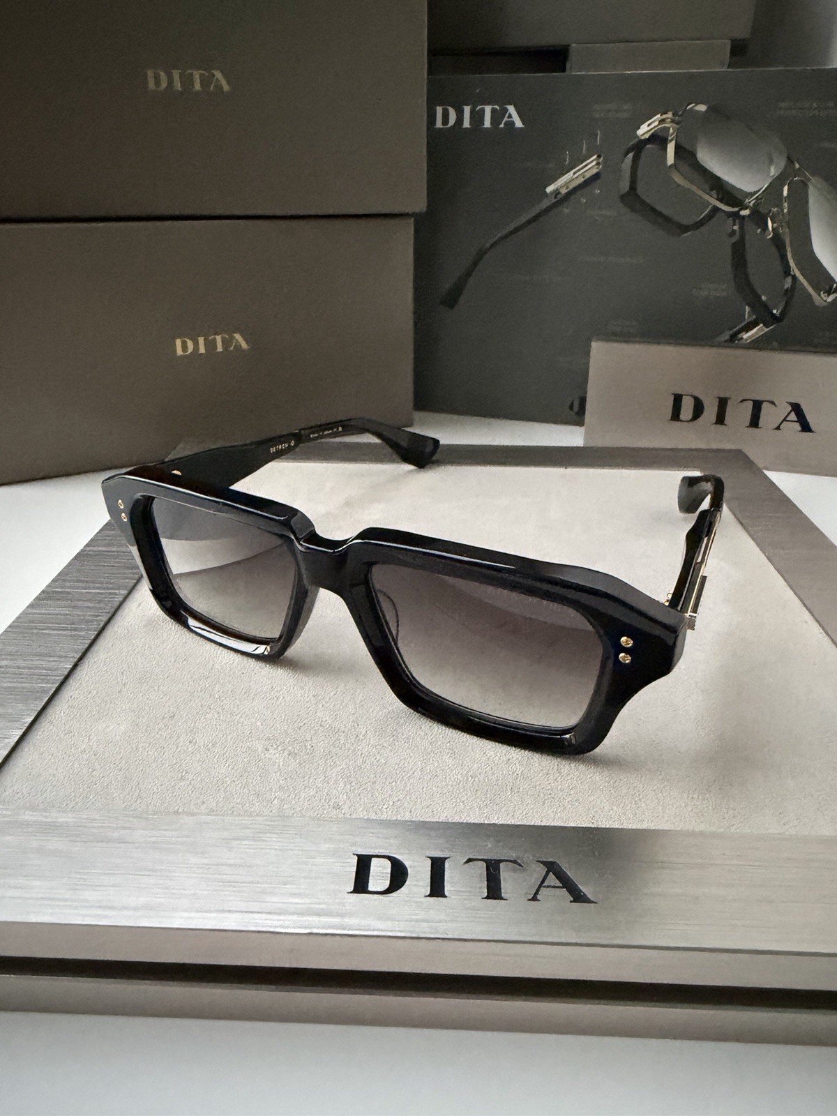 DITA DETRON DTS 459-A-01 Shiny Black Yellow Gold Grey Gradient Lens Sunglasses
