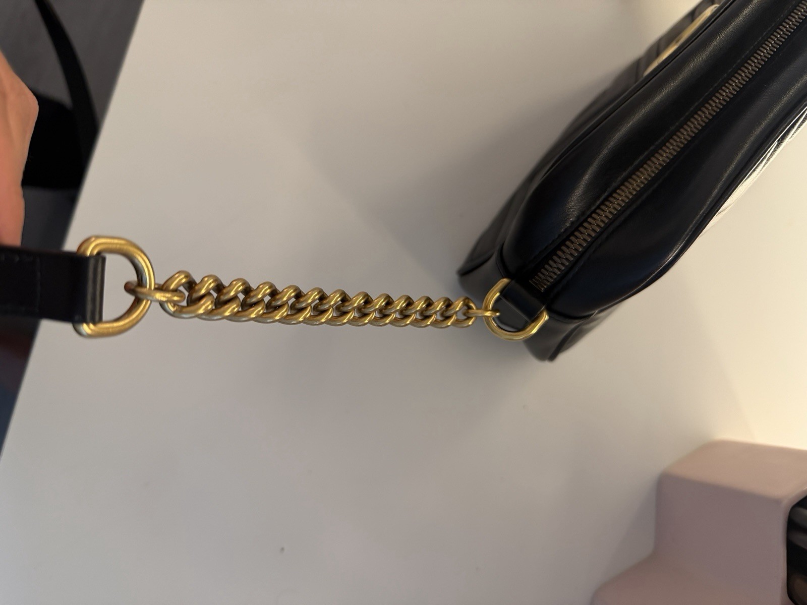 Gucci GG Marmont Black Chevron Quilted Crossbody Chain Strap Zip Gold Hardware