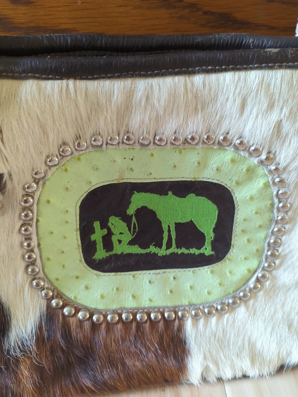 Vtg Cowhide Brown and White Leather Bag Rope Handle Western Very Unique Handmade