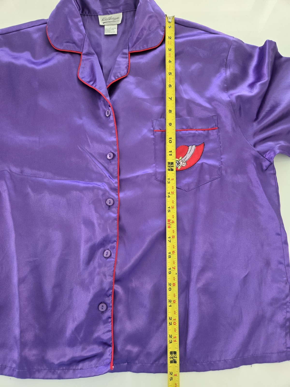 Purple Satin Two-Piece Pajama Set with Red Accent Print Size L