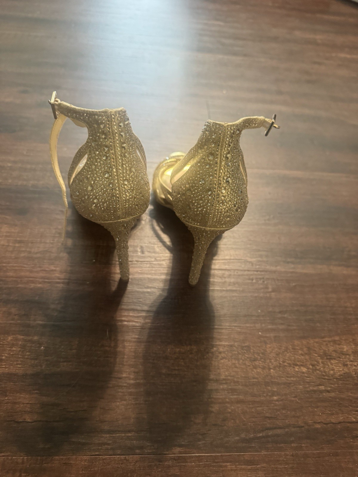 Jessica Simpson Women’s Gold Rhinestone Strappy Open Toe Stiletto Heels 9