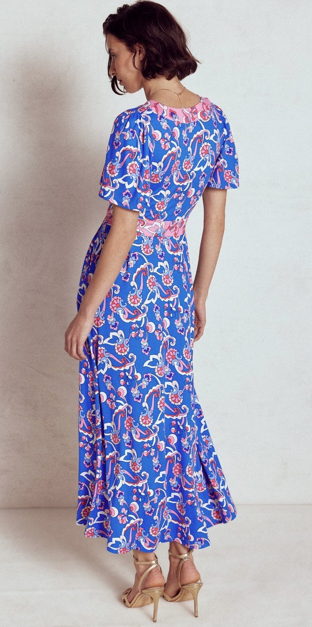 Boden ELLIE FLUTTER V-Neck Pink & Blue Short Sleeve Jersey Maxi Dress 18R