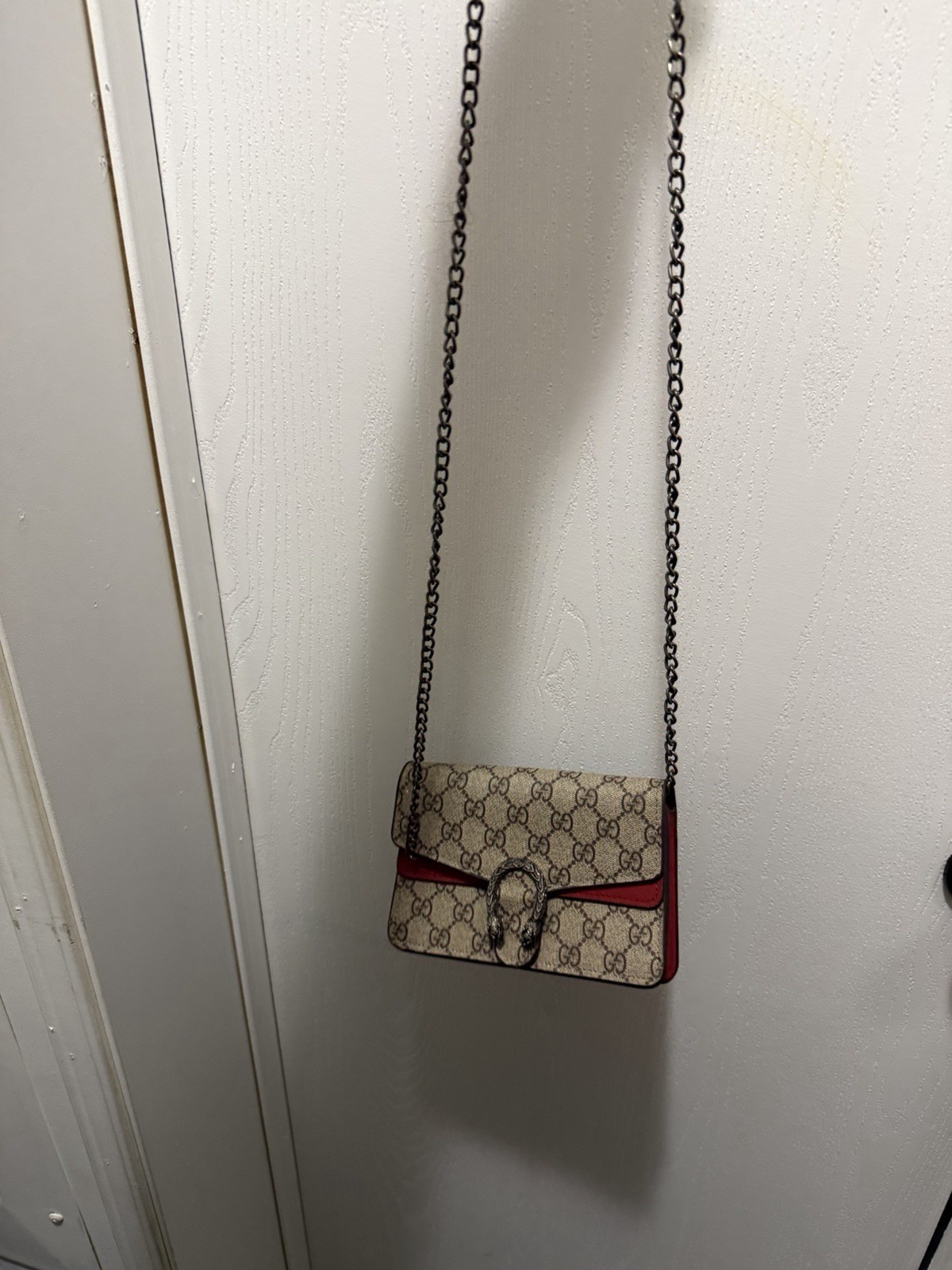 Gucci GG Pattern Crossbody Bag Chain Strap Snap Closure Beige/Red
