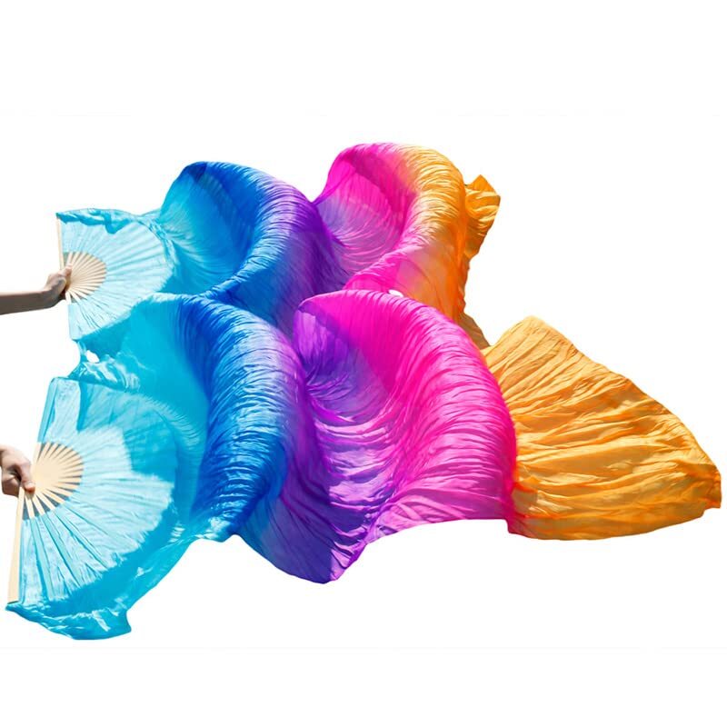 Belly Dance Faux Silk Veil Fans, 1 Pair (Left+Right) Faux Silk Bamboo Long Fans