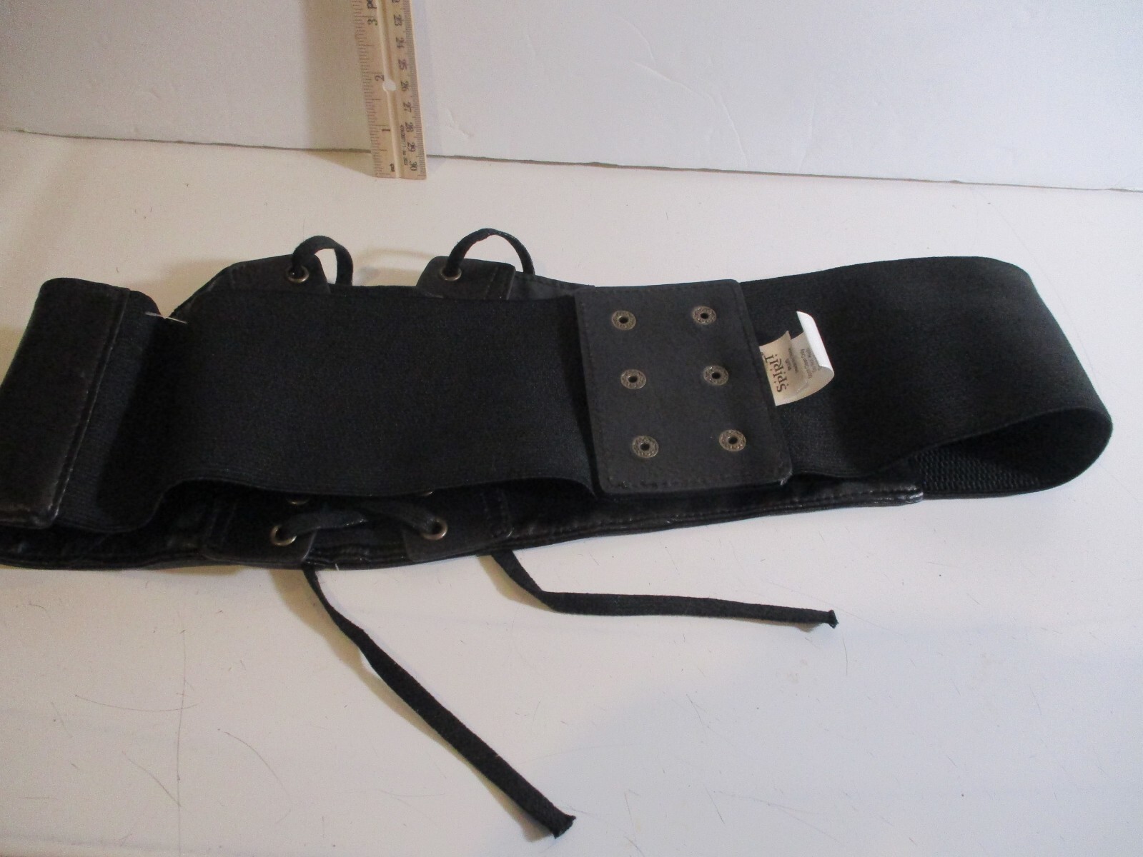 Black Faux Leather Elastic Lace Up Snap Corset Stretch Belt Women 4.5″ W X 35″ L
