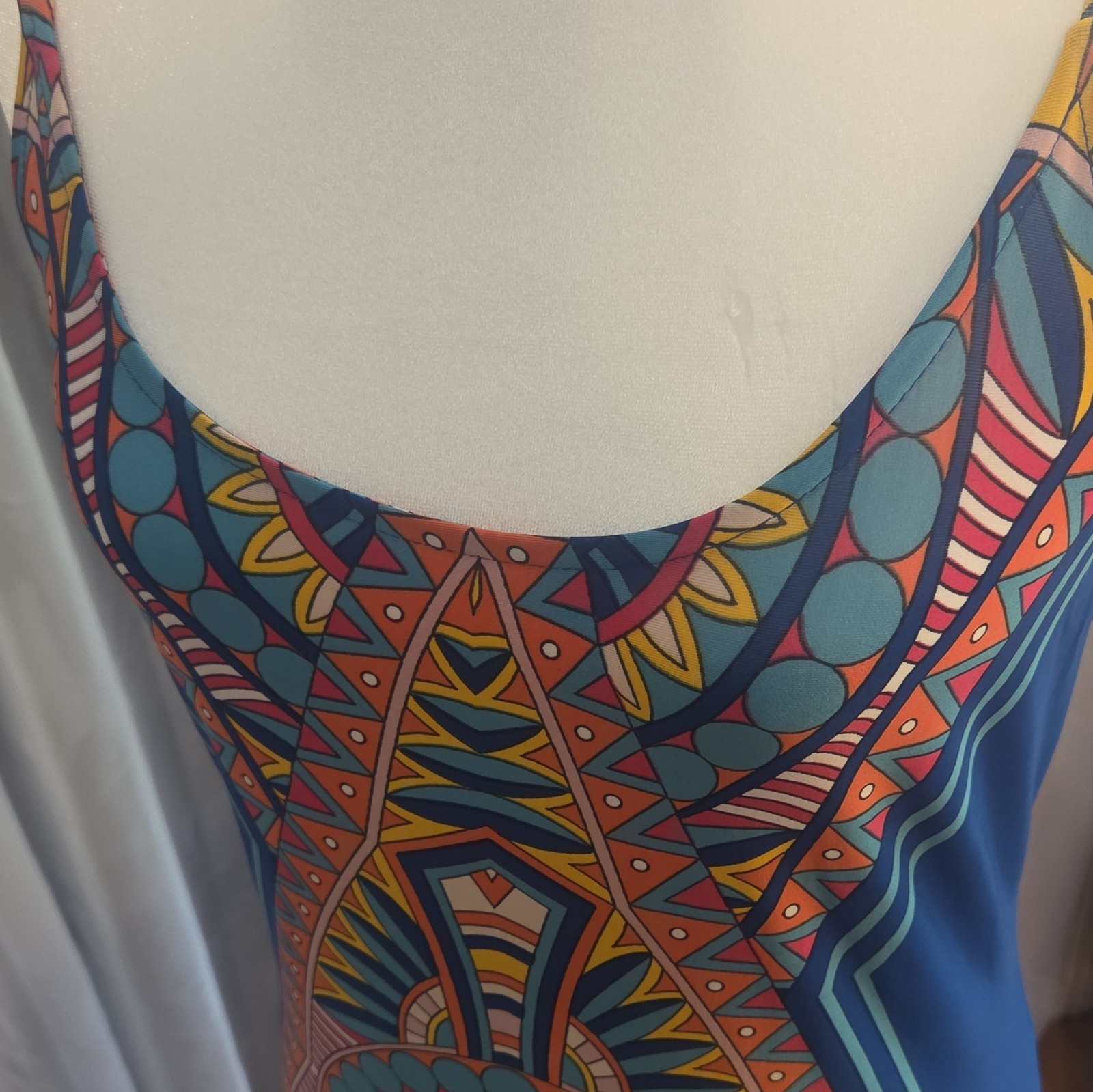 Womens Multicolor Blue Geometric Graphic Print Sleeveless Round Neck Maxi Dress