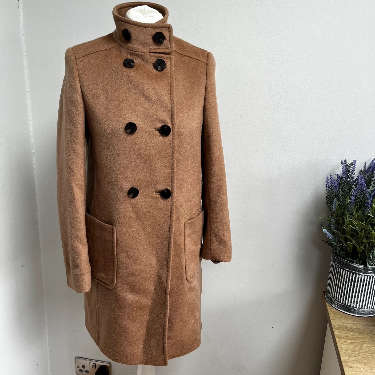 Jaeger pure wool camel coat funnel neck button up size 6