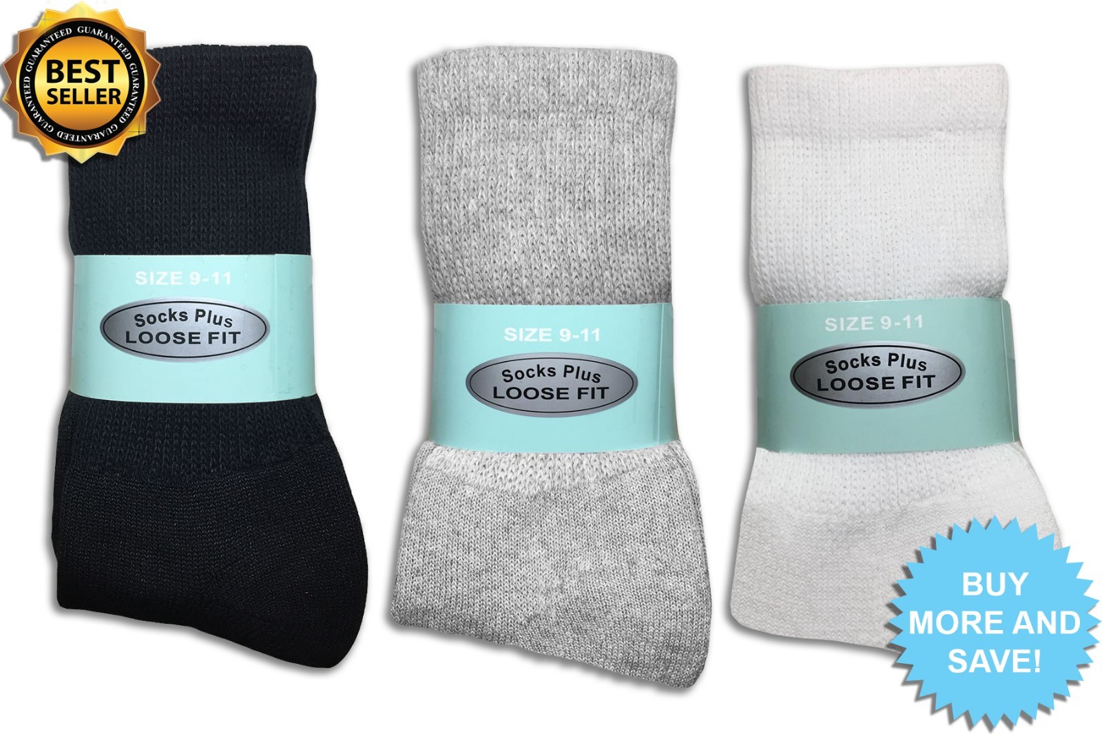 3, 6, 12 Pairs of Crew Socks for Diabetics Loose Fit Top Circulatory All Sizes