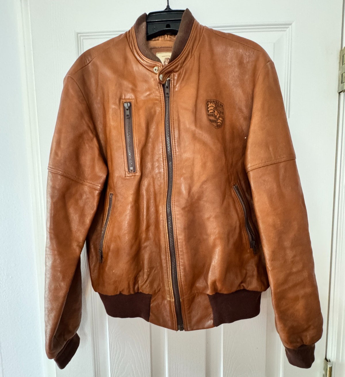 VINTAGE LEATHER PORSCHE JACKET ZIP UP THE LEATHER WORKS CALIFORNIA 21.5″x27.5″