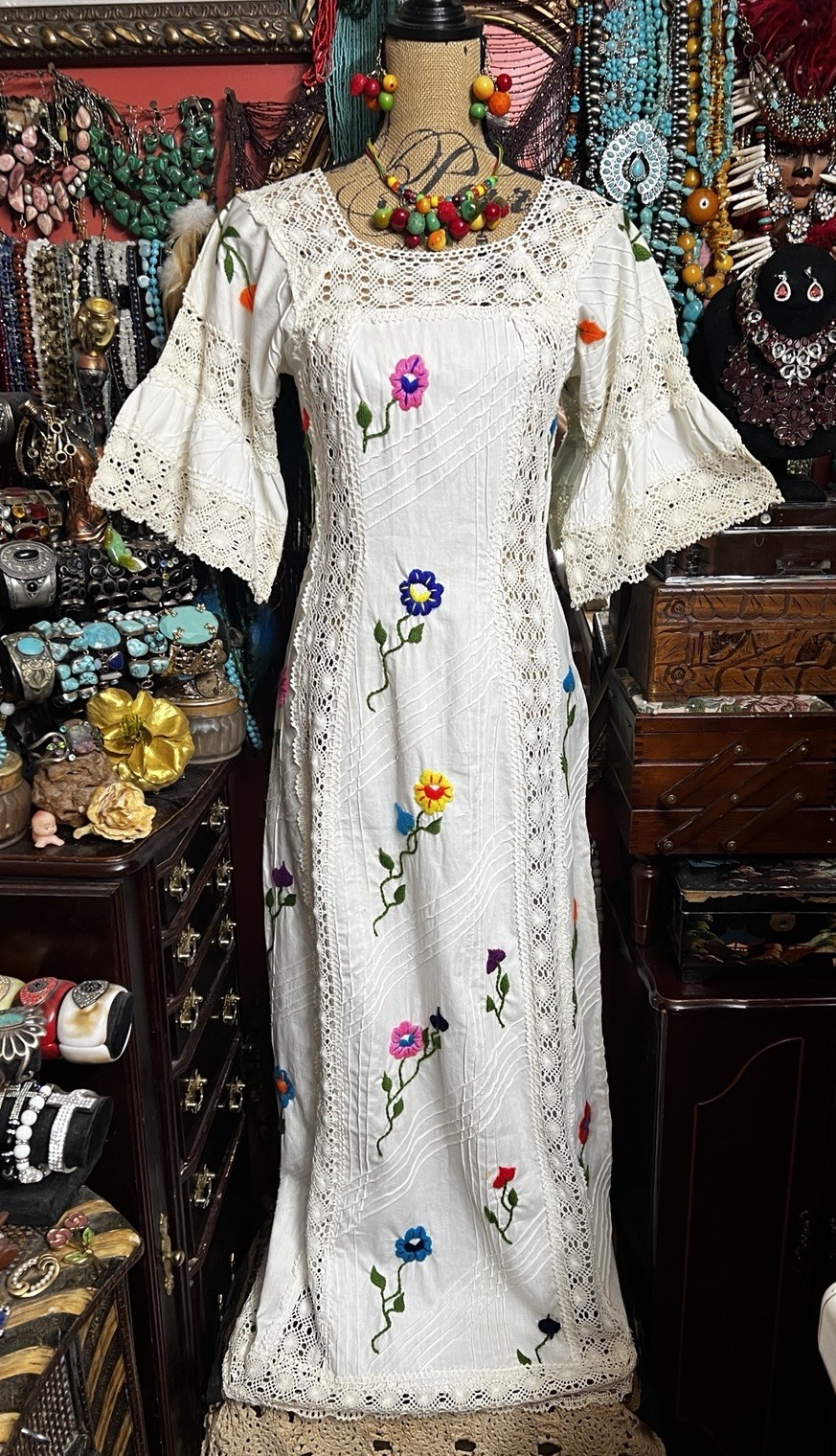 Beautiful White Pin tuck With Multi Color Embroidery & Ivory Crochet Dress S/M