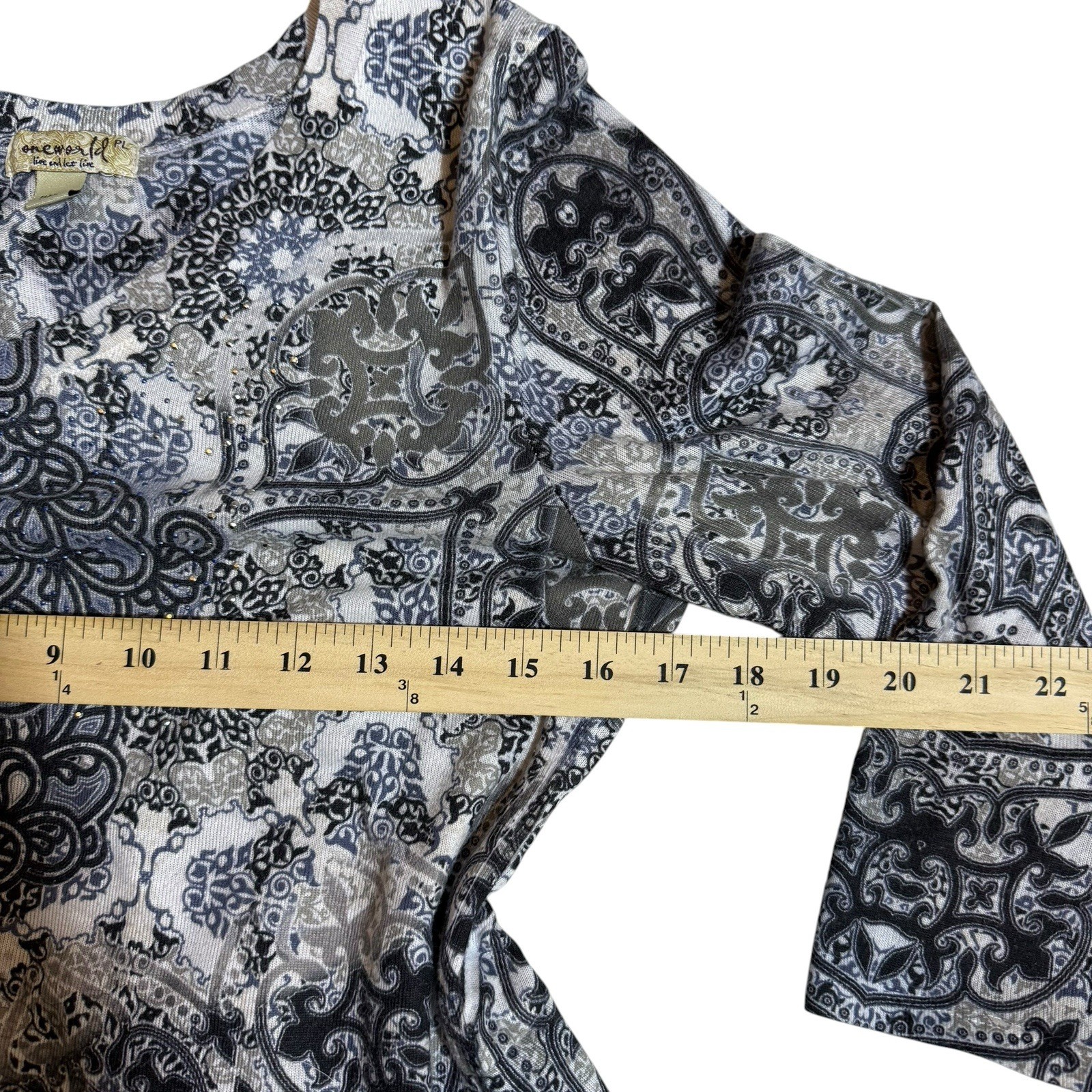One World Paisley Rhinestone High Low Tunic Boho Hippie Top Size PL Whimsigoth
