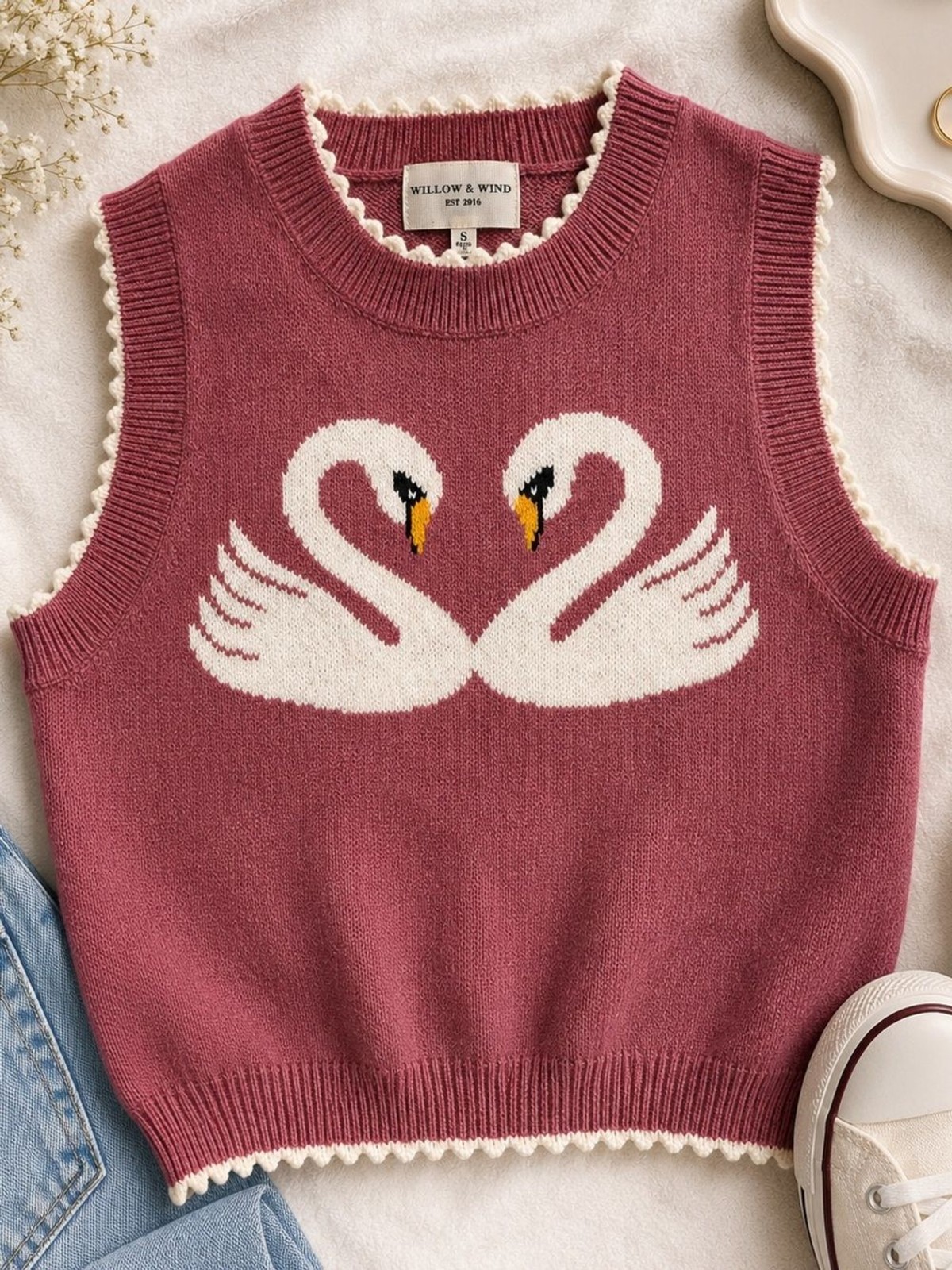 Willow & Wind Pink Swan Knit Sweater Vest