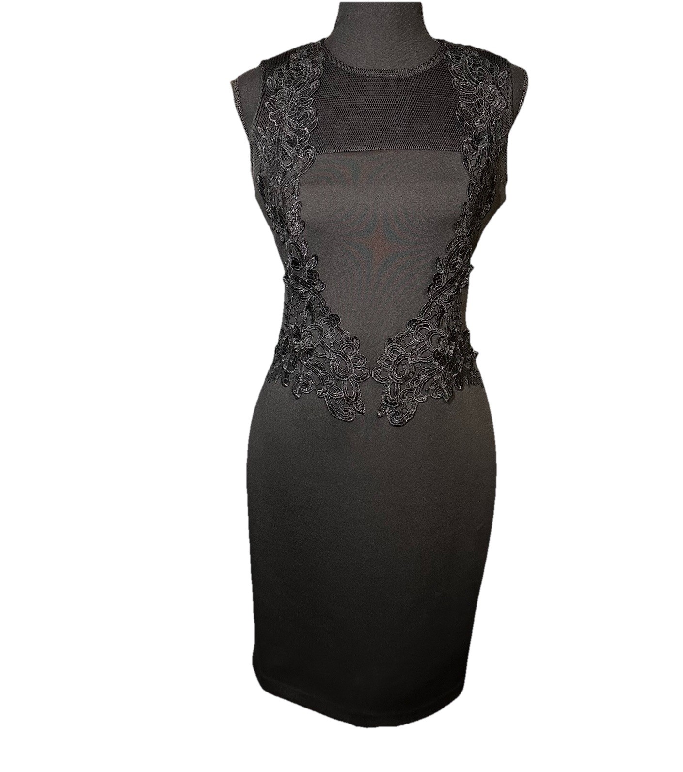 Calvin Klein Black Neoprene Lace Embroidered Pencil Dress 4 Mini Sleeveless