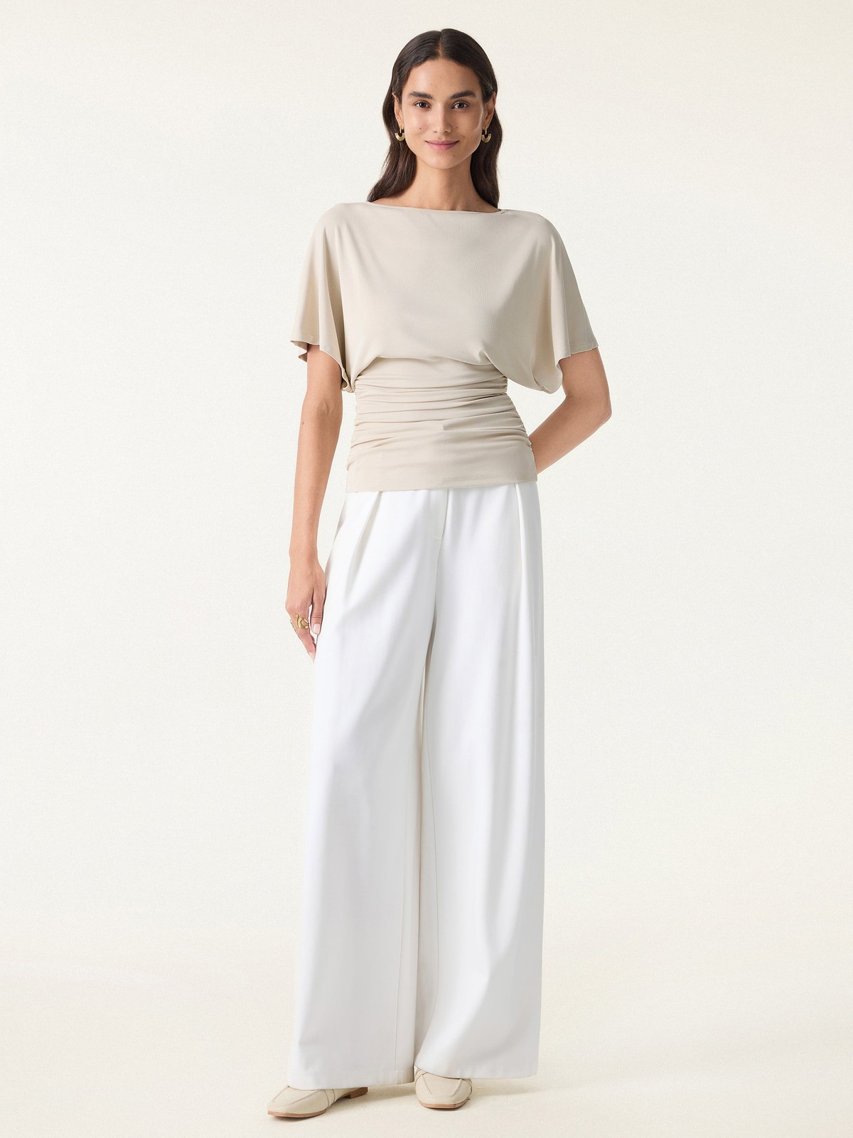 OGL Sandwashed – Effortless Boatneck Batwing Sleeve Side Ruched Top – New 100%