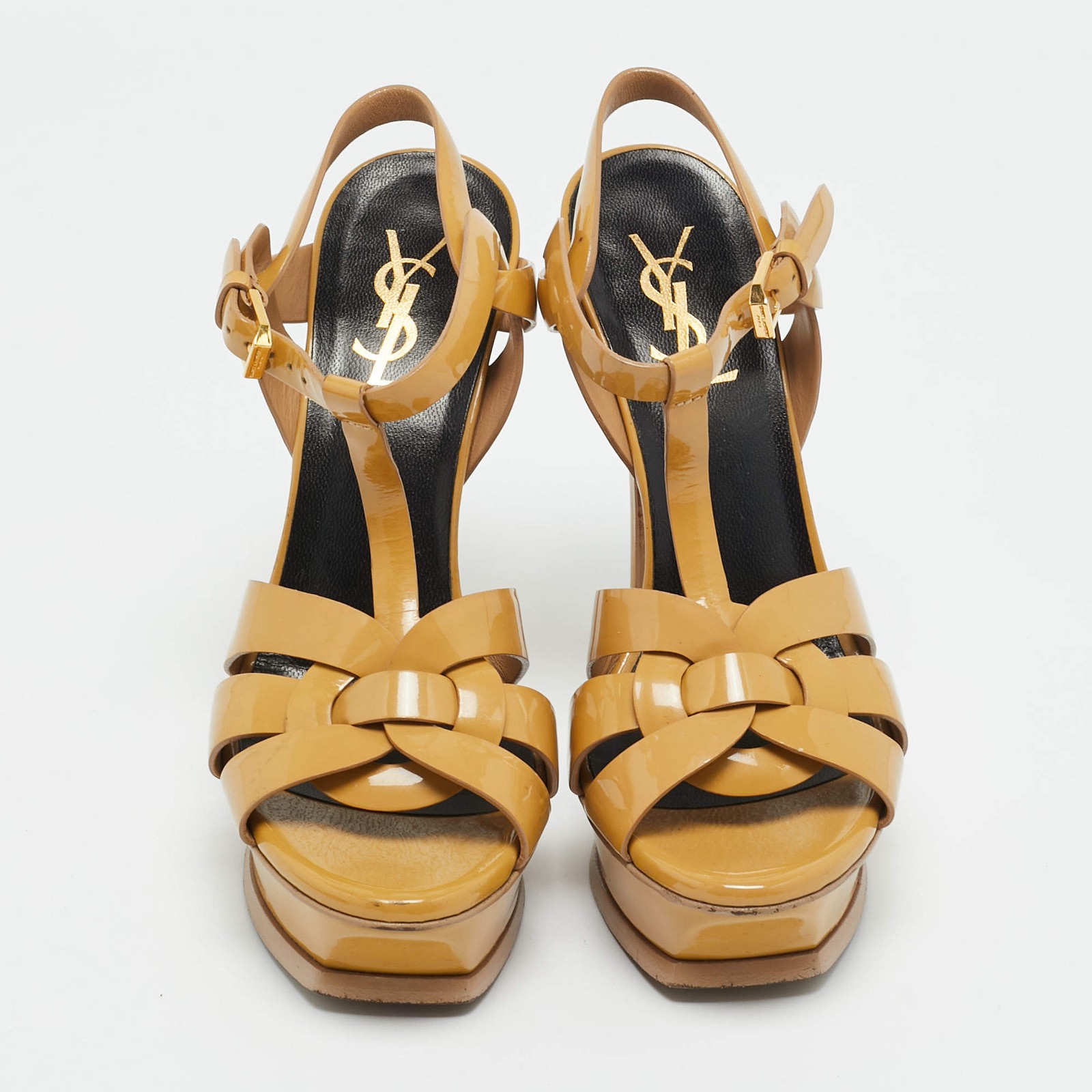 Saint Laurent Paris Tribute Size 36.5 Beige Patent Leather Platform Sandals