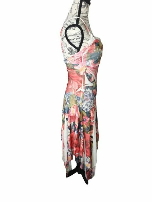 Womens M Floral Handkerchief Hem SpaghettiStrap RuchedDress Summercore Fairy