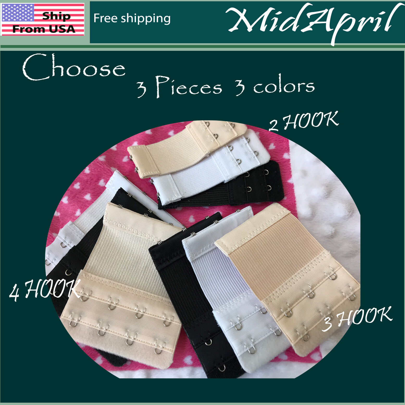 3 Pieces Bra Elastic Extenders 2 3 4 Hook Black White Beige Extension US SELLER!