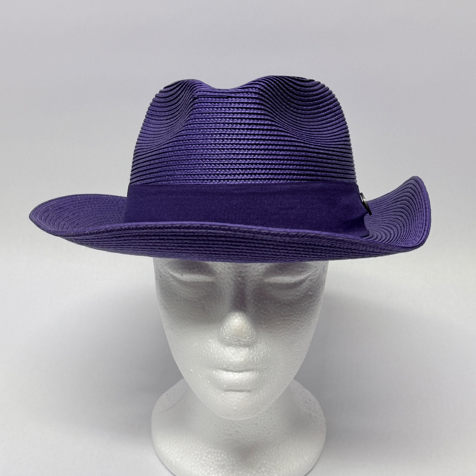 Bruno Capelo Francesco Collection Purple Straw Fedora Hat Medium Lion Pin Mens