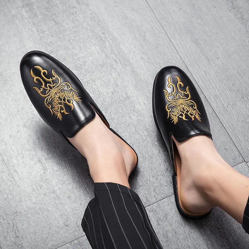 Embroidered Mules Men Round Toe Slip on Faux Leather Fashion Casual Shoes Ethnic