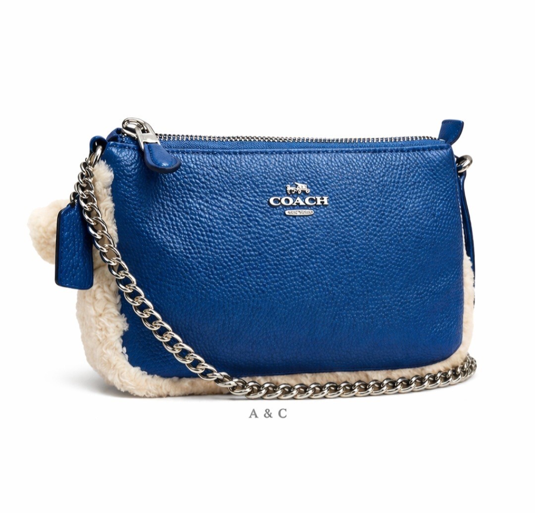 Coach Nolita 19 Shearling Blue Pebble Leather Wristlet Chain Bag NWT