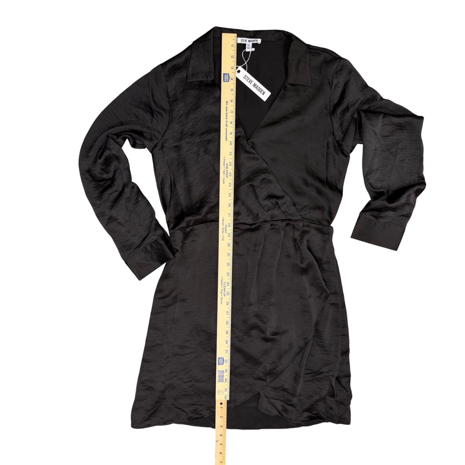 Steve Madden Washed Satin Faux Wrap Dress Size XL Black Long Sleeve Mini NWT