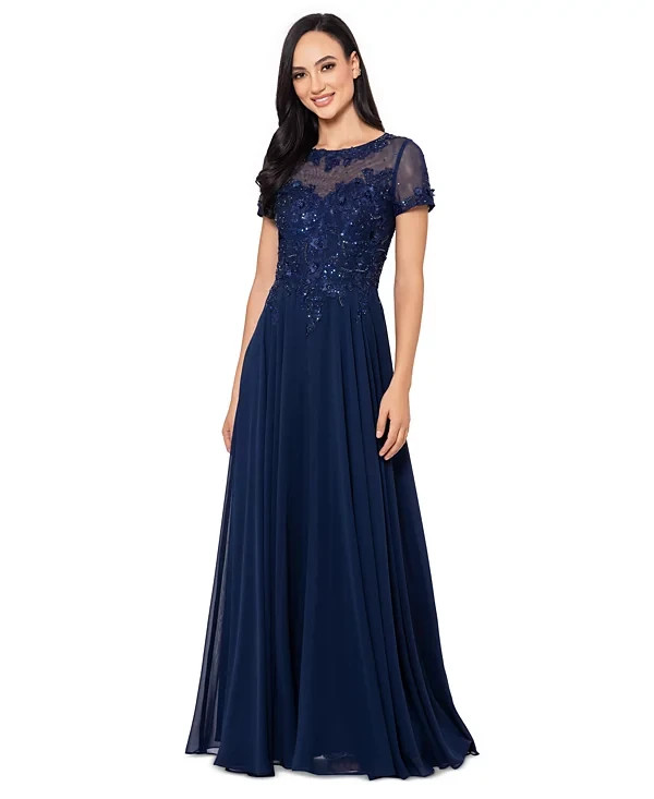 Xscape Navy Blue Beaded Embroidered Mesh Gown Dress Size 18 $308