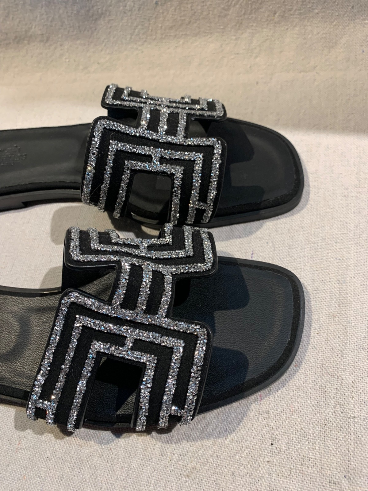HERMES Black Oran Sandals Crystals Jeweled Rhinestones Rare Limited Edition EU38