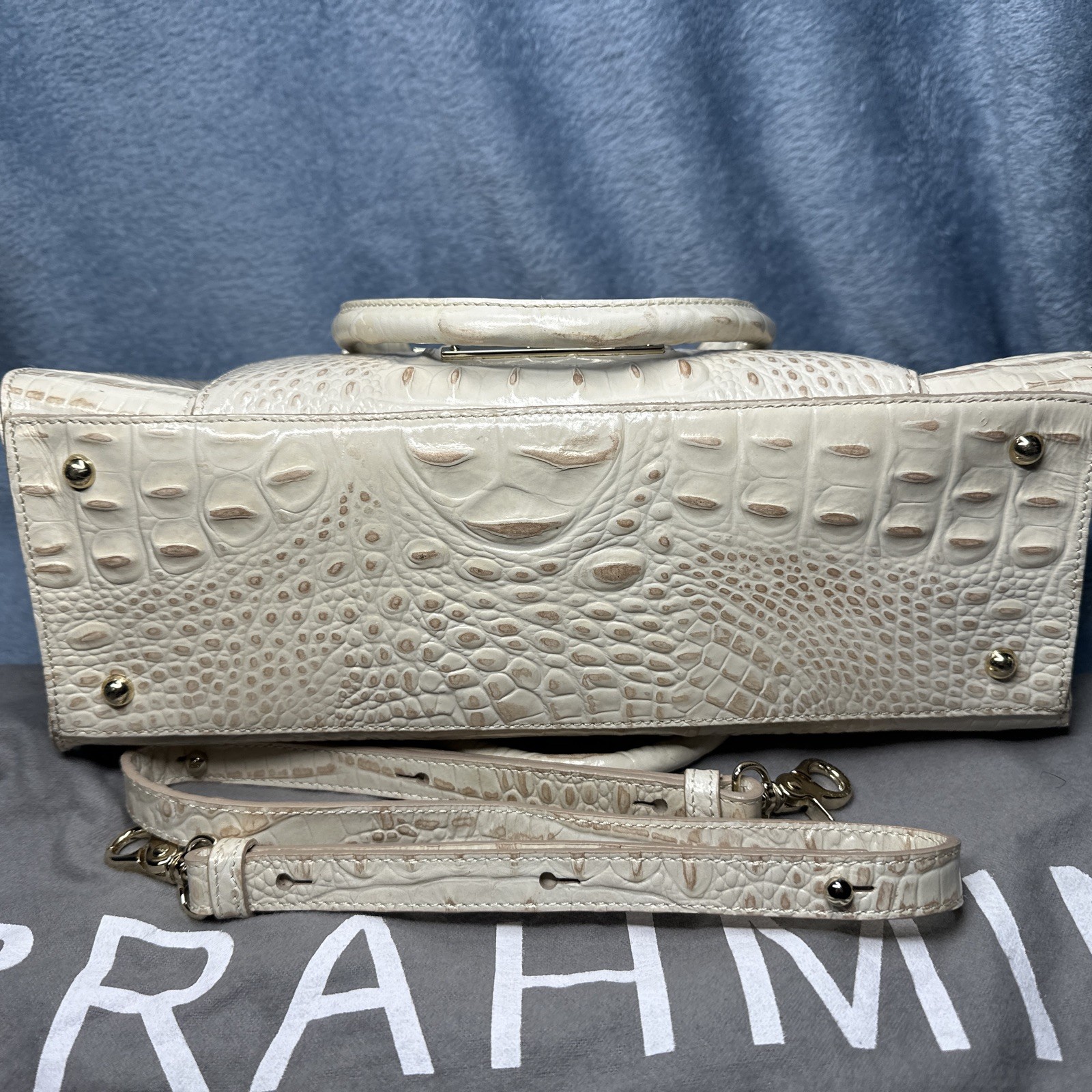 Brahmin Greta Satchel Bag With Crossbody Strap Cream Gold Croc Embossed