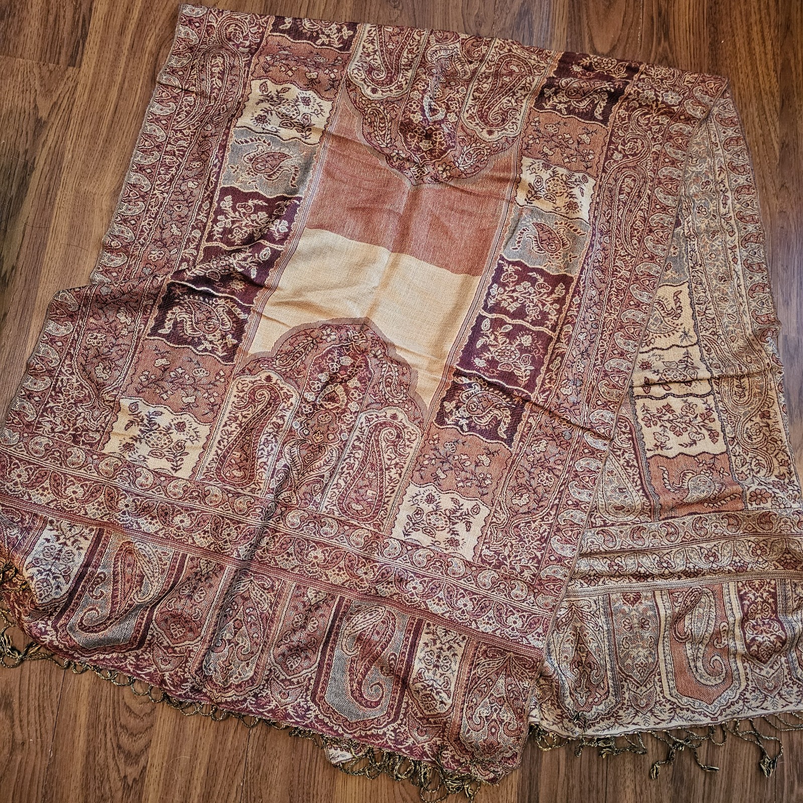 Women Pashmina Silk Blend Scarf Wrap Earth Tones Floral Fringe 26×68″ Old Money