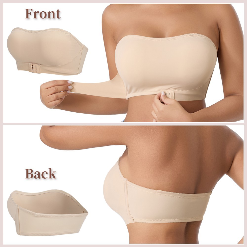 3 Pack Strapless Wireless Bra Anti-Slip Bandeau Front Closure Padded Bralette