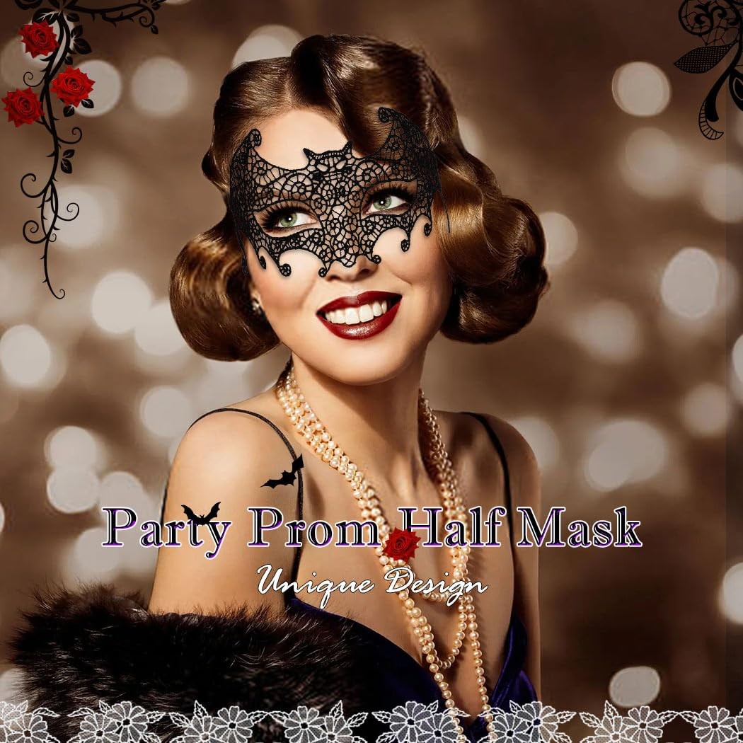 Lace Masquerade Mask Black Halloween Masks for Women (Great Bat)