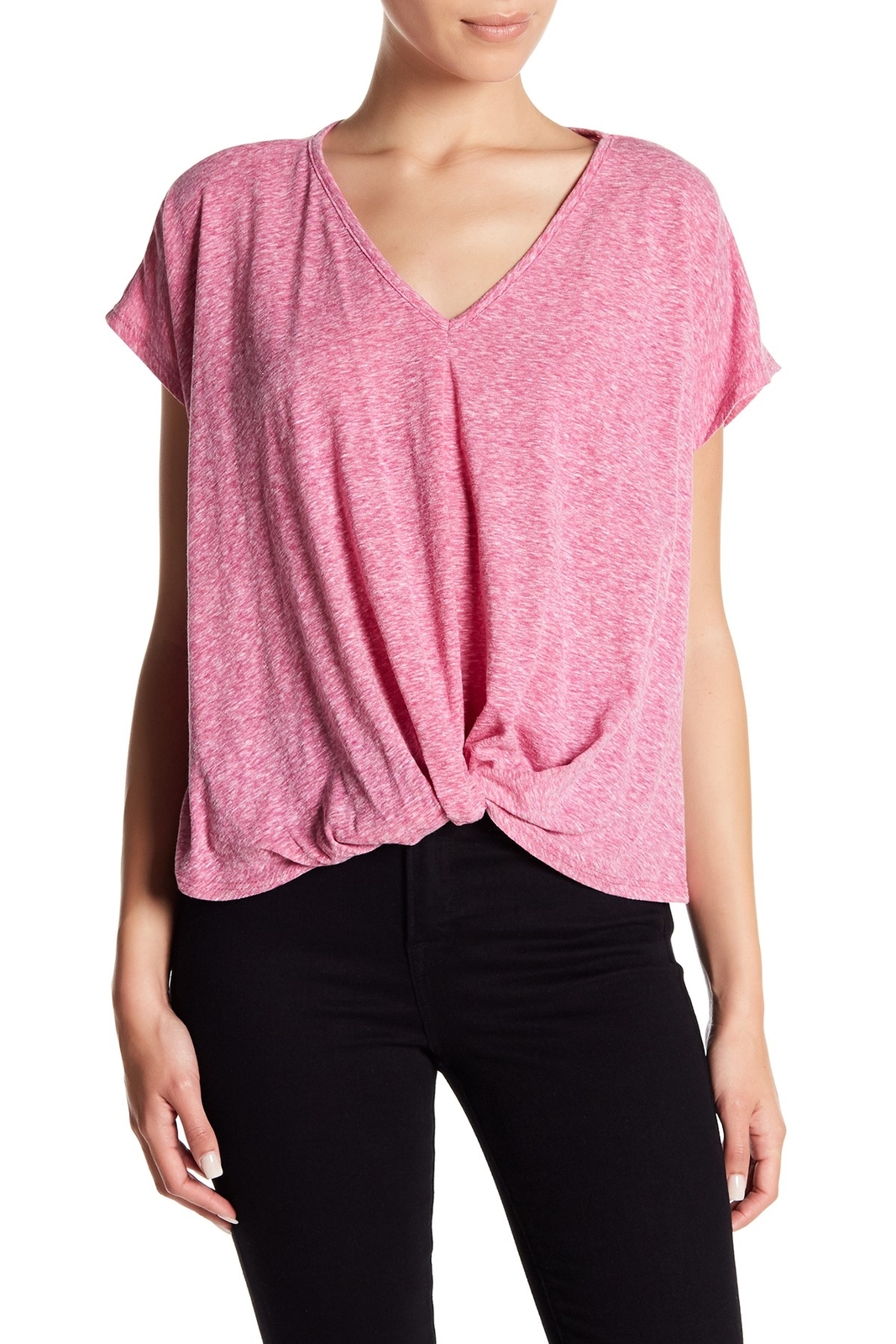 Bobeau 150858 Women’s Pink Knotted Front V-Neck Tee Sz. LP Large Petite