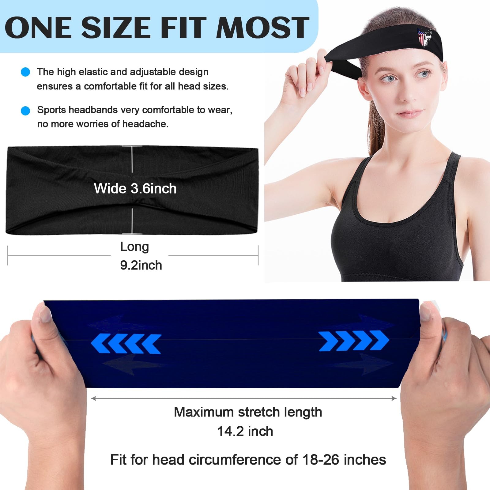 Sports Headbands for Men 3pcs Sweat Bands Sweatband 9.1″, Skeleton Flag