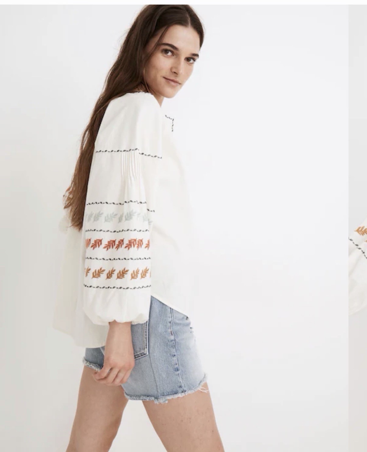 Madewell Ivory Multicolor Embroidered Peasant Blouse V-Neck Balloon 3/4 XS