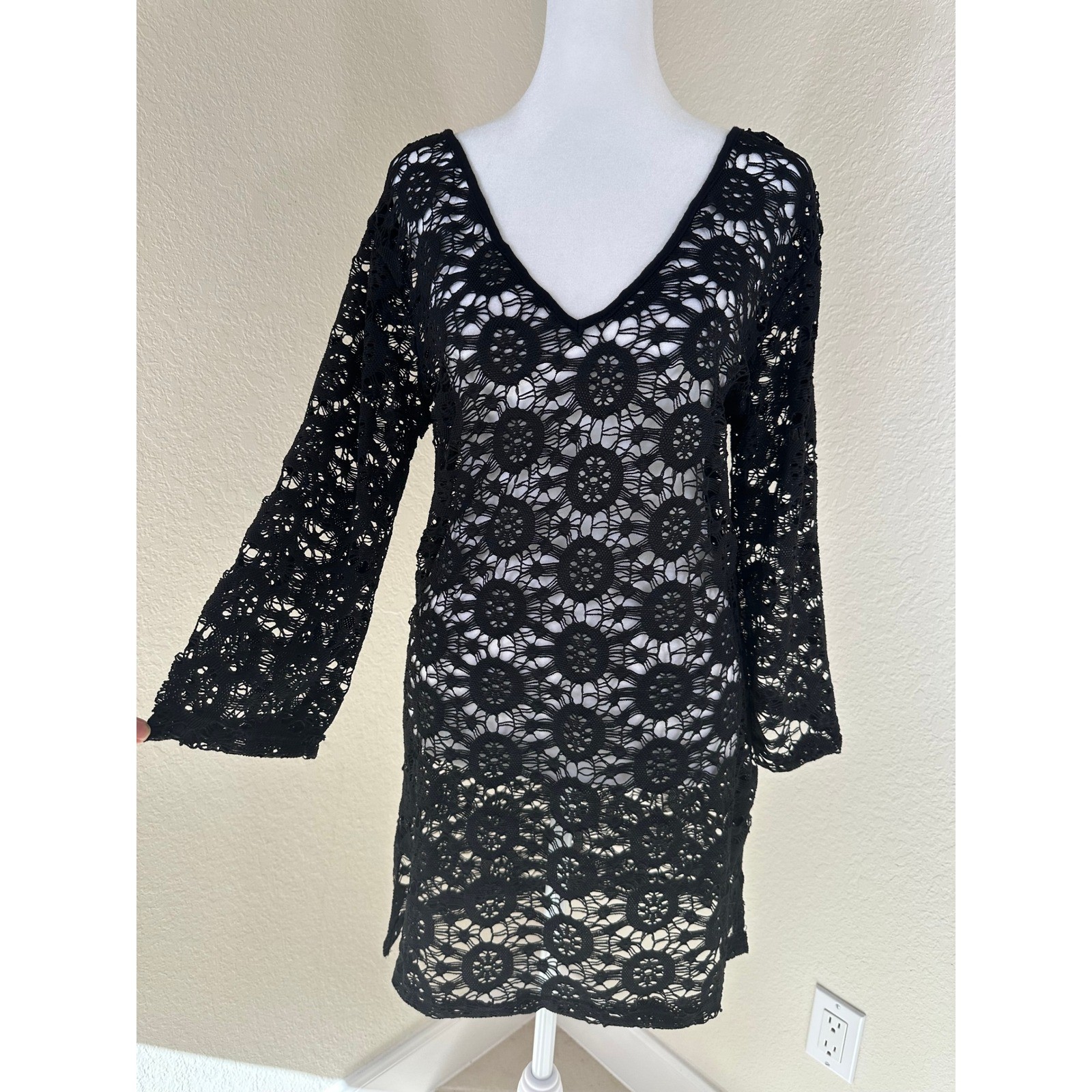Blue Island Crochet Cover Up Women S Black Boho Beach V-Neck Coastal Resortwear