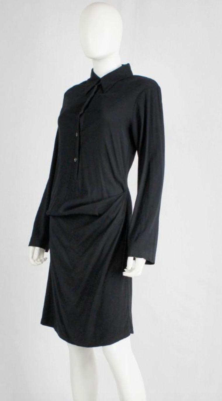 Ann Demeulemeester hip drape black long sleeve rayon shirtdress Size 38