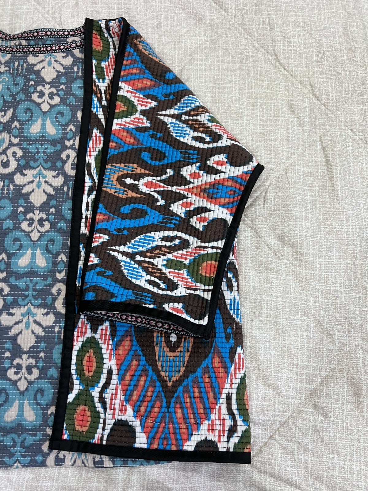 Handmade Reversible Women’s Boho Open Front Cardigan Blue Tribal Print Pockets