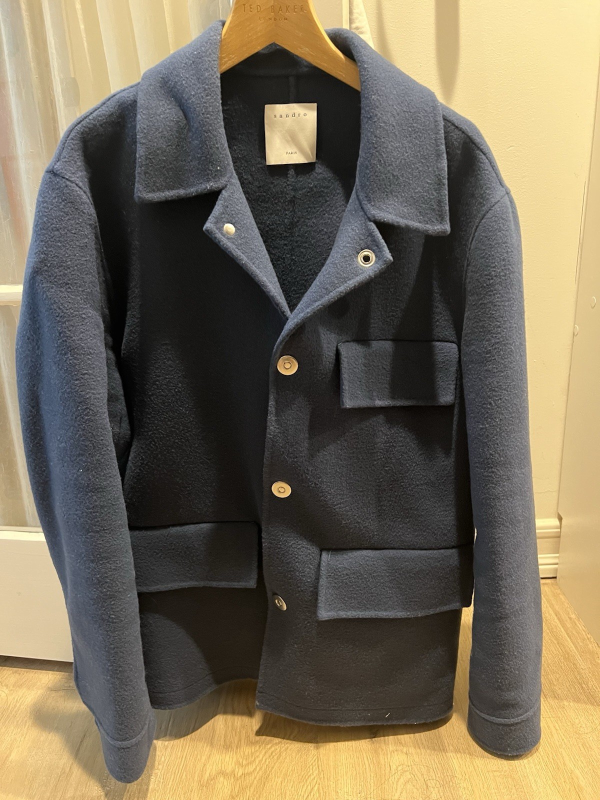 SANDRO Paris Worker Wool Jacket Mens SMALL Wool Unlined Polo Neck Pockets Short