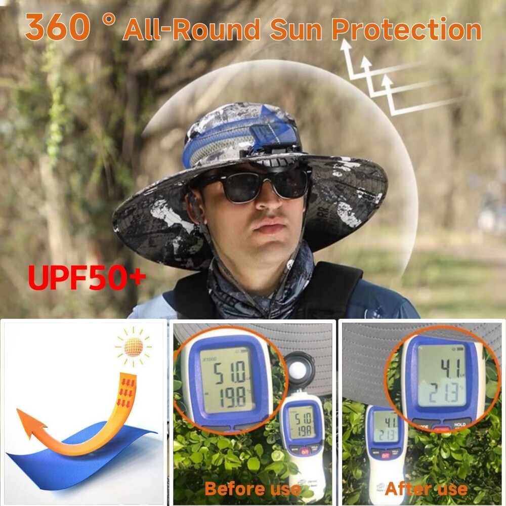Wide Brim Sun Hat with Solar & USB Fan UPF50+ UV Protection for Fishing & Campin