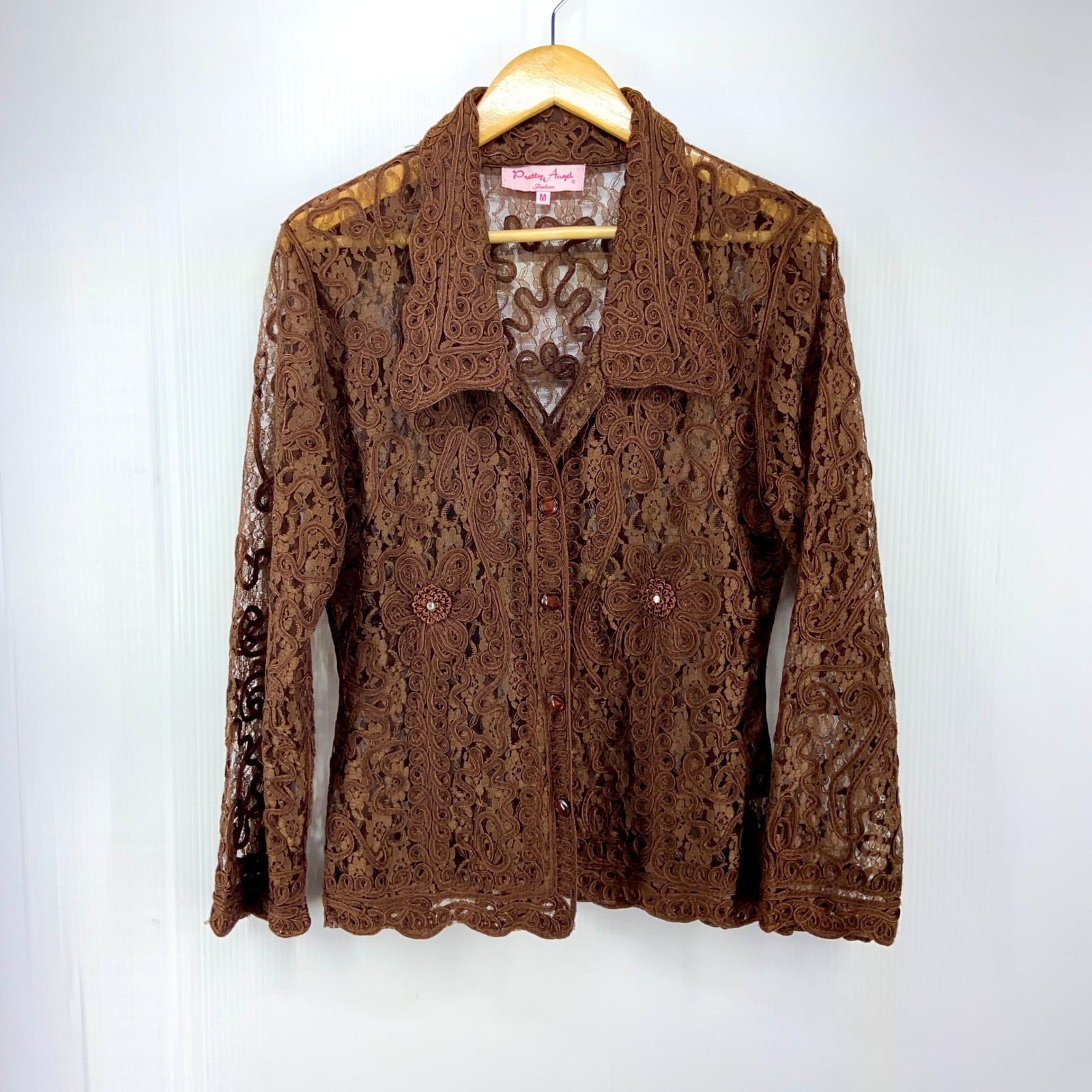 Pretty Angel Brown Silk Lace Long Sleeve Wide Collar Blouse Womens Medium