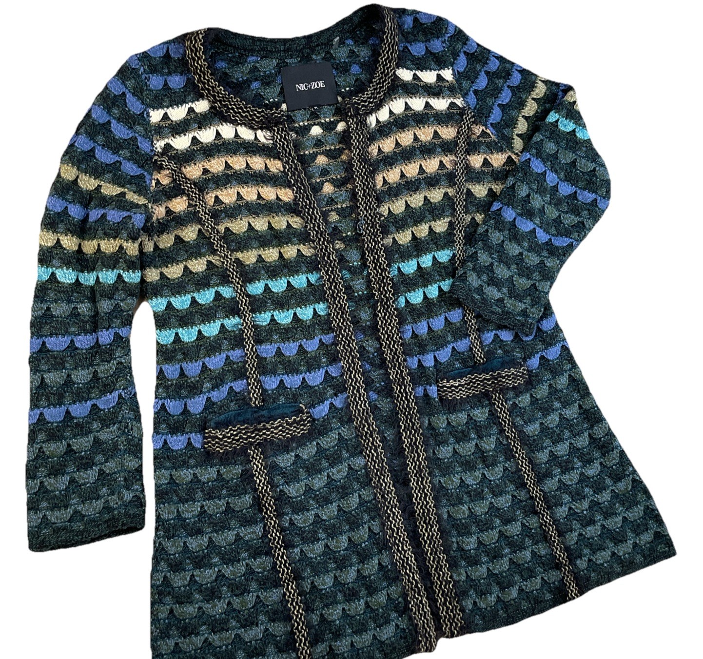 Nic Zoe Cardigan Petite L Knit Open Front Acrylic Linen Blend Multi Color Boho