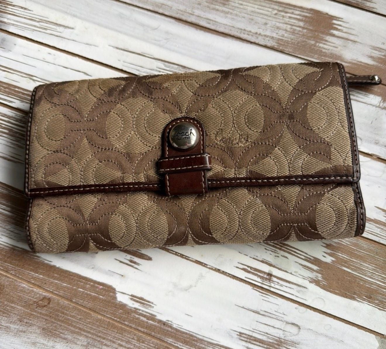 Coach Signature Canvas Quilted Slim Envelope Tri-fold Checkbook Wallet