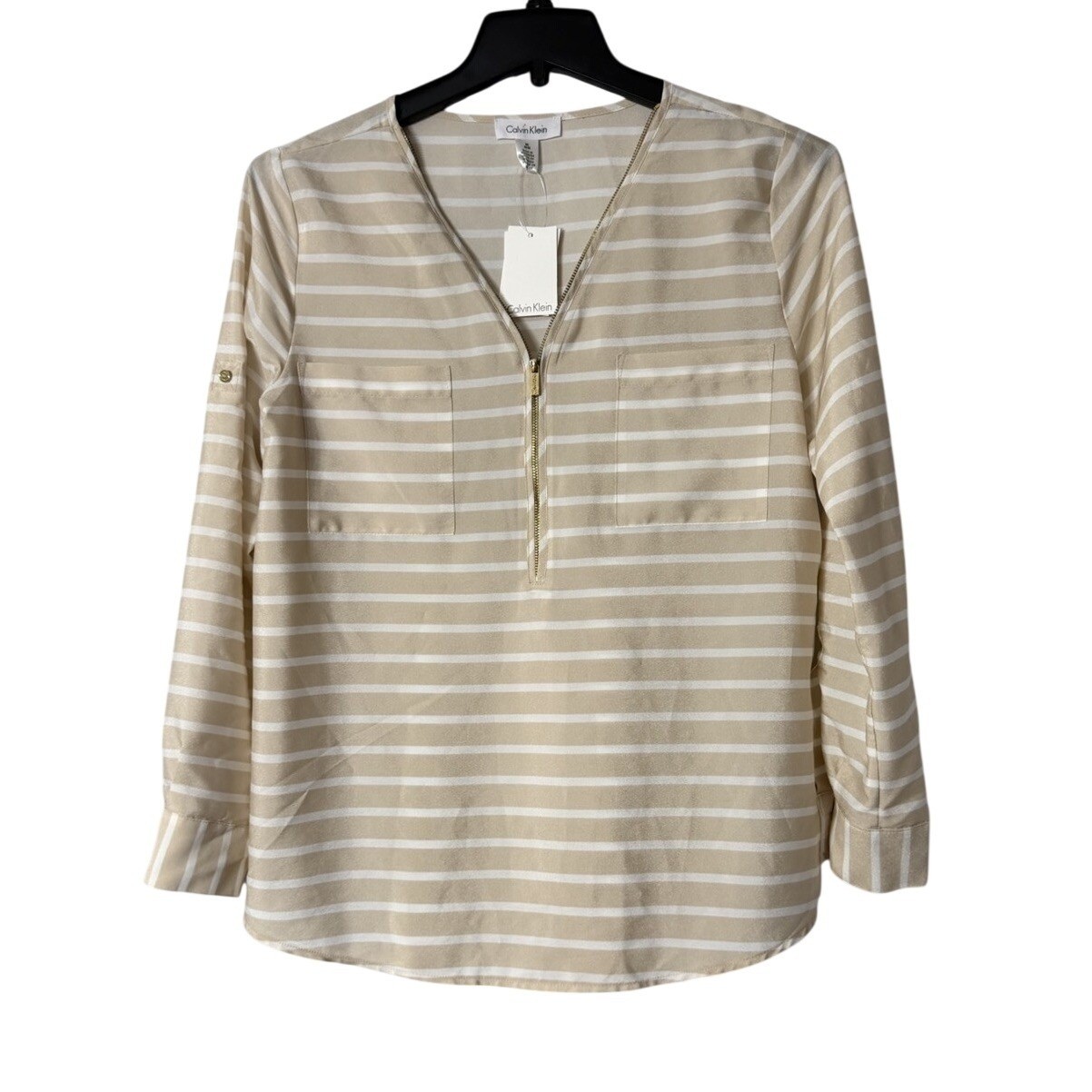 NWT Calvin Klein Womens Long Roll Tab Sleeve Beige White Zipped Top Shirt Medium