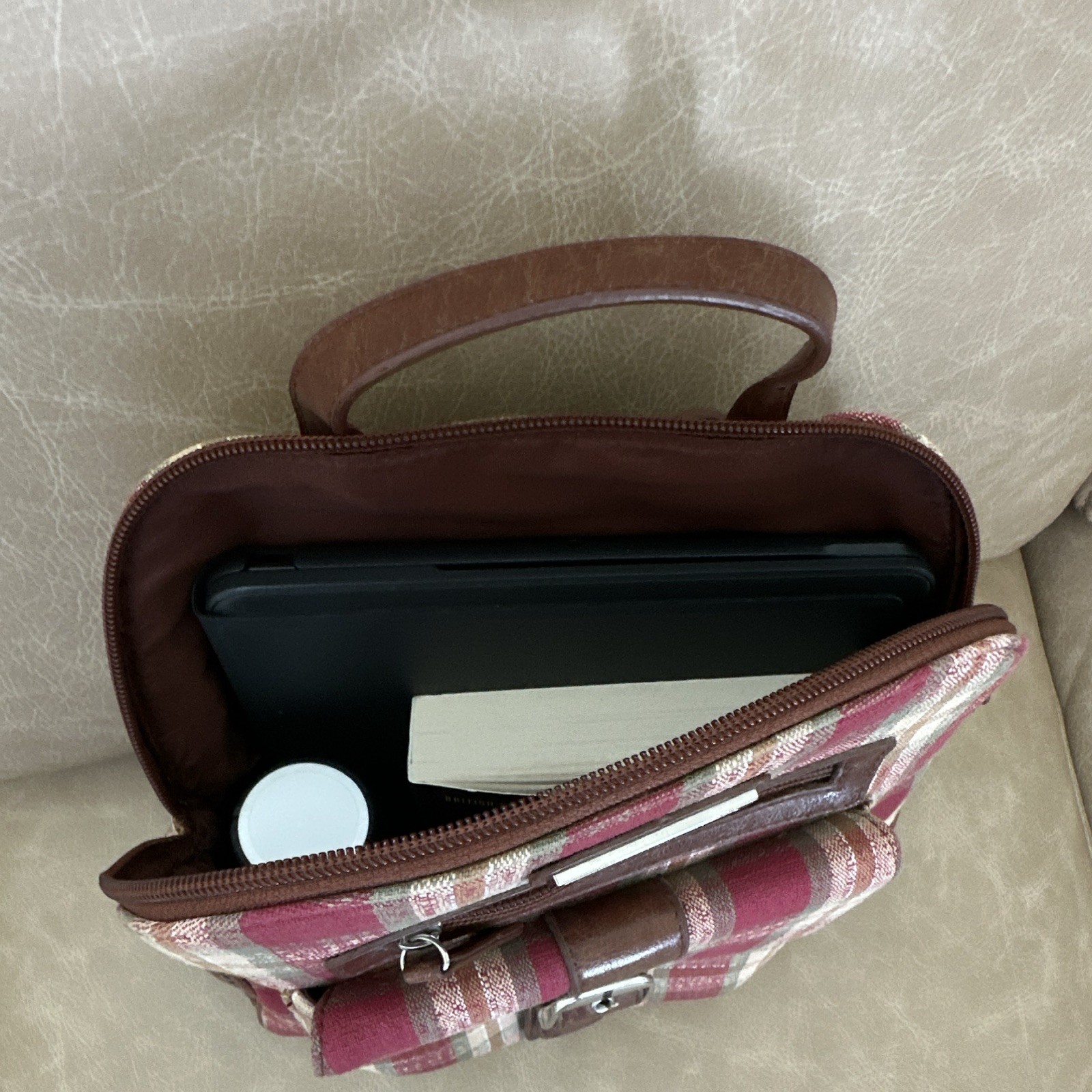 Longaberger Mini Backpack in Plaid Burgundy with Adjustable Straps
