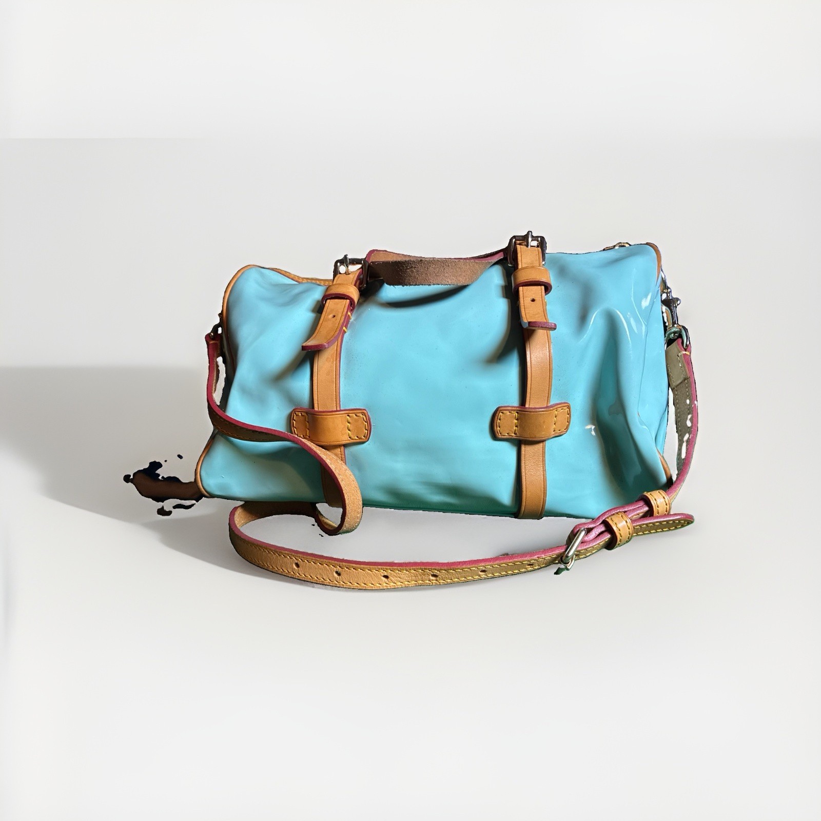 Dooney & Bourke Y2K Light Blue Patent Leather Satchel Bag Red Trim Crossbody