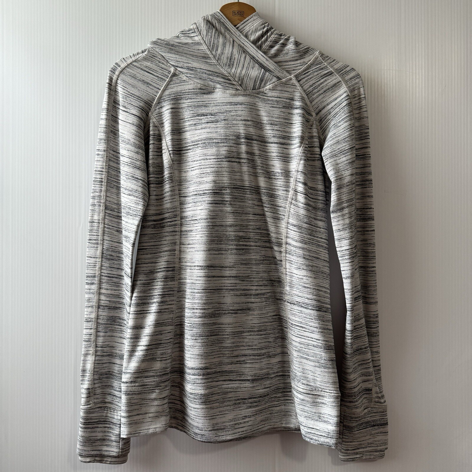 LULULEMON Hoodie Faux Wrap White Gray Mini Striped ThumbHoles Sz 6 Women’s