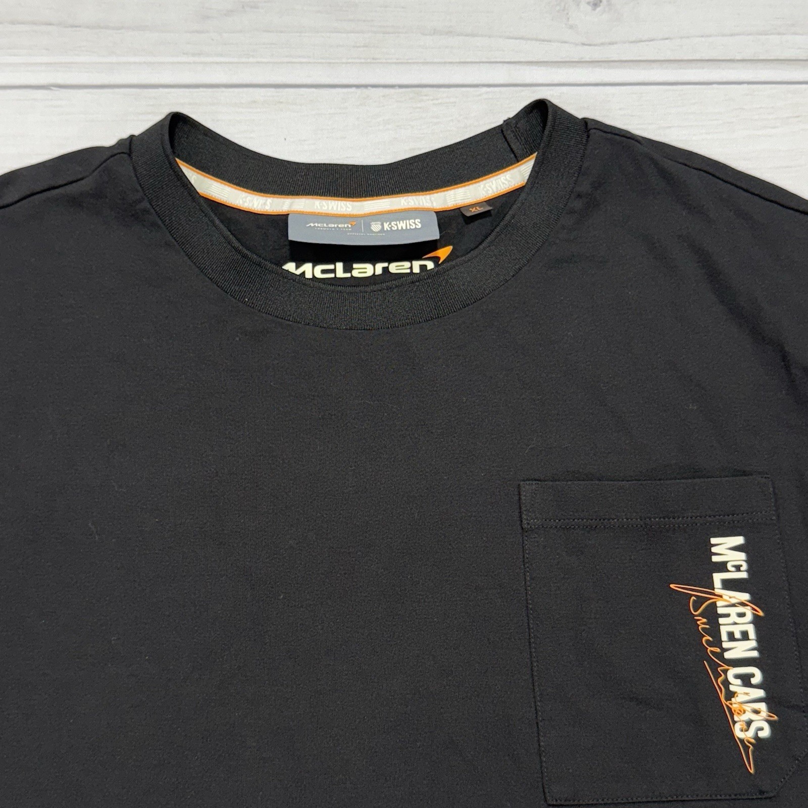 K Swiss McLaren Racing Formula 1 Team T-Shirt Mens XL Black Orange Tee F1 Cars