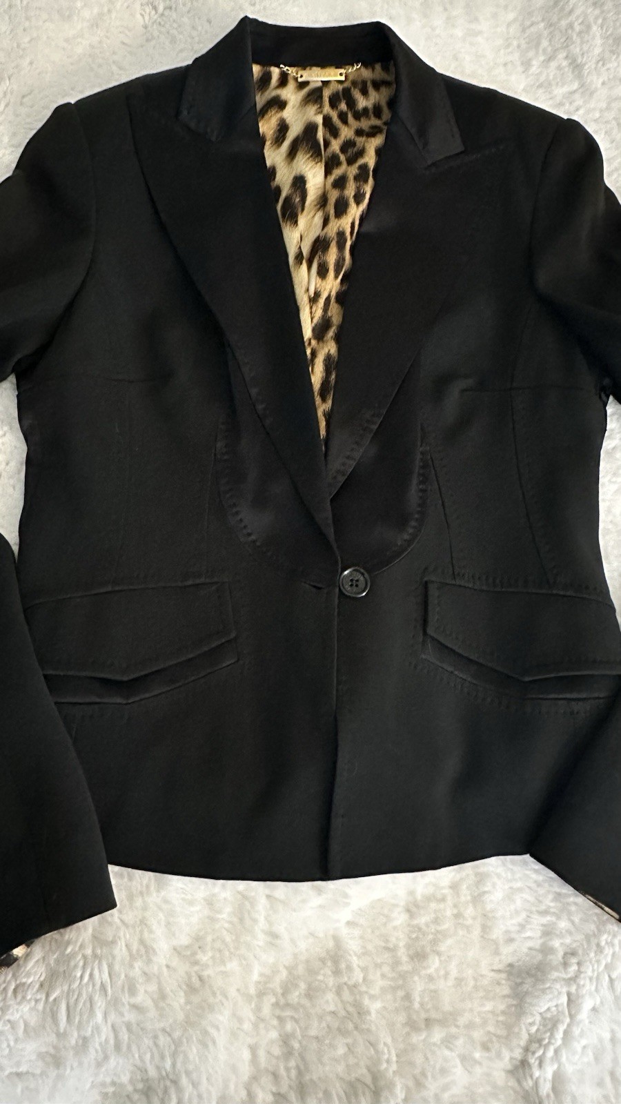 Roberto Cavalli Black Satin Cropped Peak Lapel Leopard Lined Blazer 6
